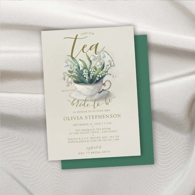 Time for Tea Emerald Lily Valley Bridal Shower Invitation (bridal tea shower invitation emerald gold lily valley elegant modern classic romantic feminine chic)