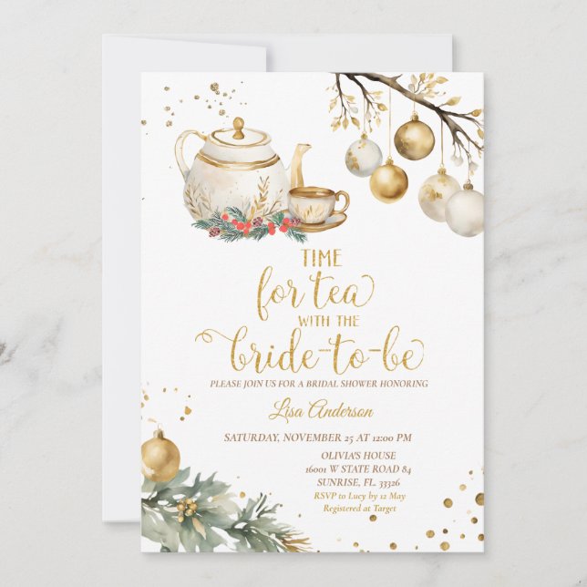 Time For Tea Gold Christmas Ornament Bridal Shower Invitation (Front)