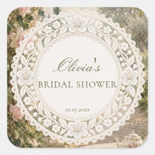 Time for Tea Lace Bridal Shower Favour Square Sticker