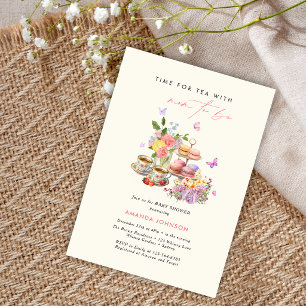 Time for tea macrons cups butterfly baby shower  invitation