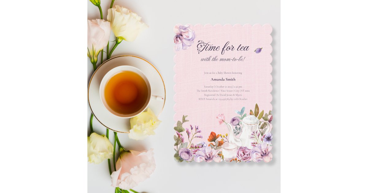 Time Four Tea Invitation Time For Tea Party Watercolor Flowers Baby Shower Invitation | Zazzle