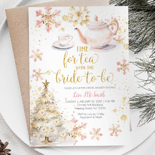 Time For Tea Pink Christmas Gold Bridal Shower Invitation