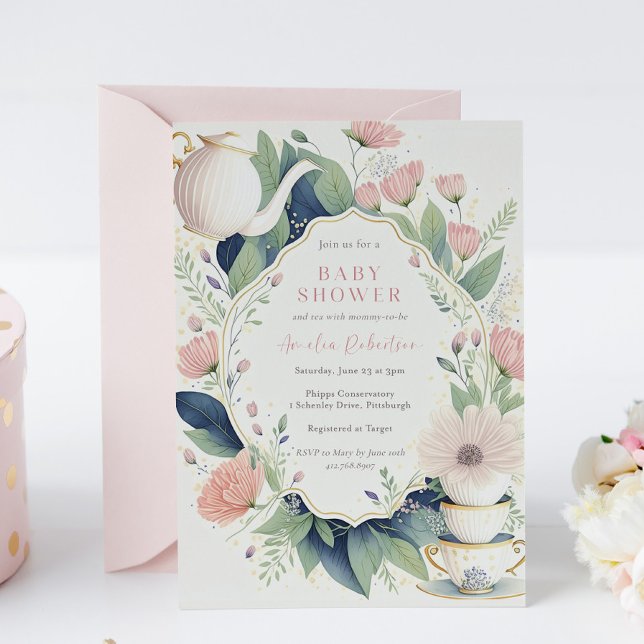 Time for Tea Pink Floral Baby Shower Invitation (Creator Uploaded)