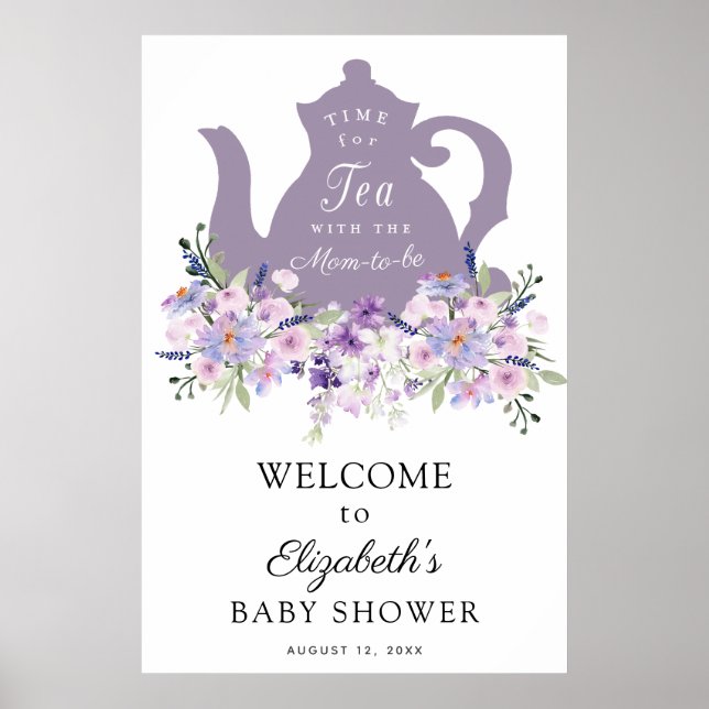 Time for Tea Purple Baby Shower Welcome Sign (Front)