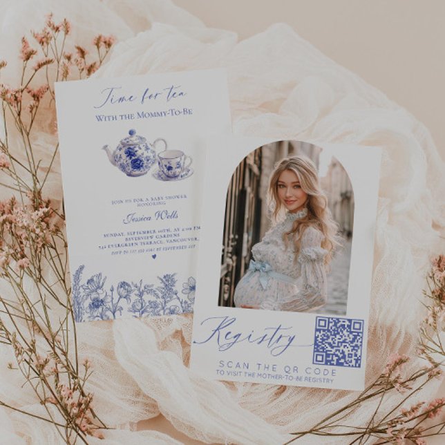 Time For Tea Toile Photo QR code Baby Shower Invitation (Creator Uploaded)