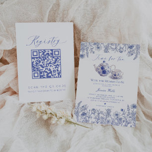 Time For Tea Toile QR code Registry Baby Shower Invitation