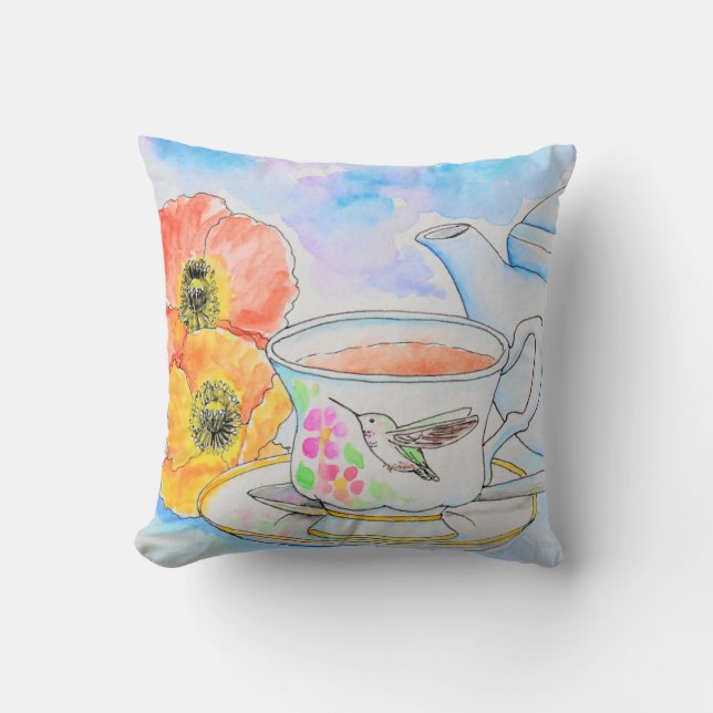 Time for Tea Watercolor Painting Cushion (Front)