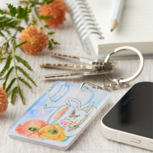 Time for Tea Watercolor Painting Key Ring