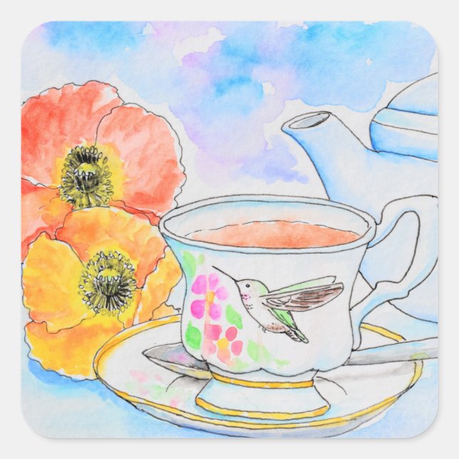 Time for Tea Watercolor Painting Square Sticker (Front)