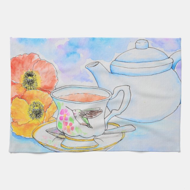 Time for Tea Watercolor Painting Tea Towel (Horizontal)