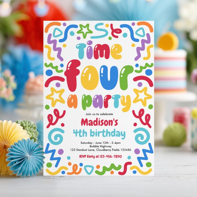 Time Four A Party Confetti Balloon 4th Birthday  Invitation (Creator Uploaded)