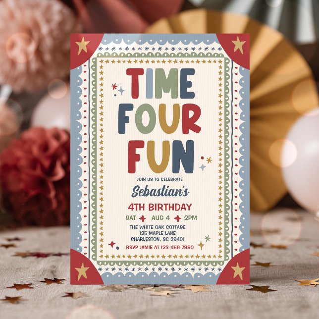 Time Four Fun Whimsical Boy 4th Birthday Party Invitation (Creator Uploaded)