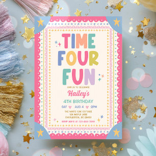 Time Four Fun Whimsical Girl 4th Birthday Party Invitation