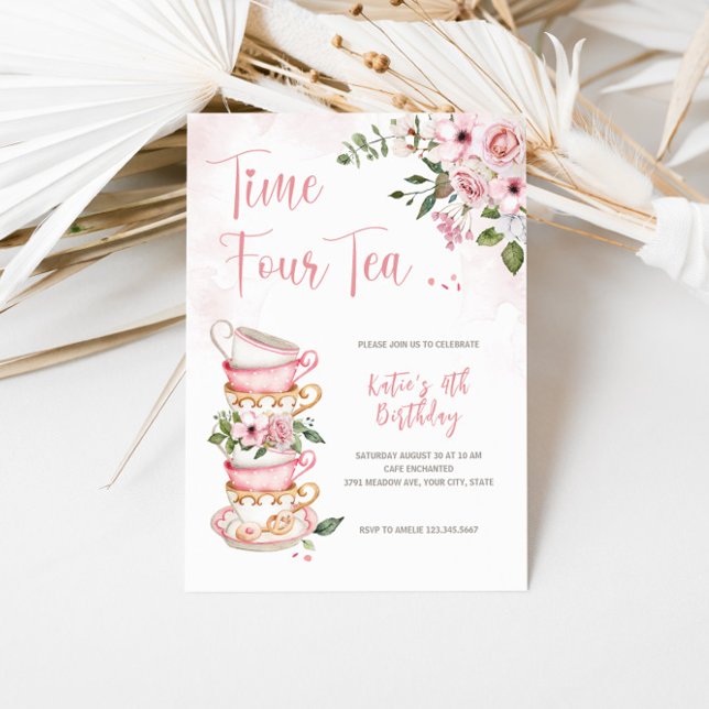 Time FOUR Tea 4th Birthday Invitation (Creator Uploaded)