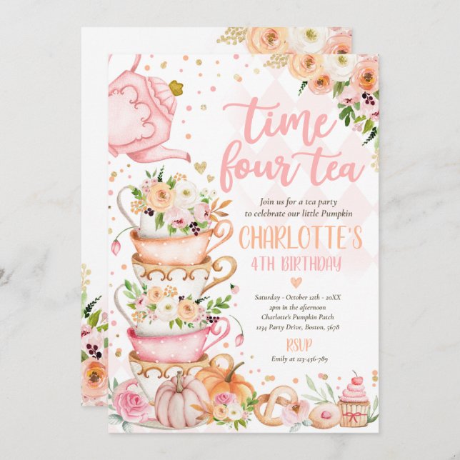 Time Four Tea Birthday Party Pumpkin Autumn Floral Invitation (Front/Back)