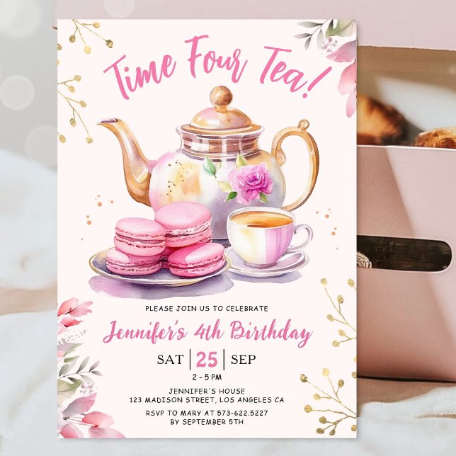 Time Four Tea! Girl Pink 4th Birthday Tea Party  Invitation (Creator Uploaded)