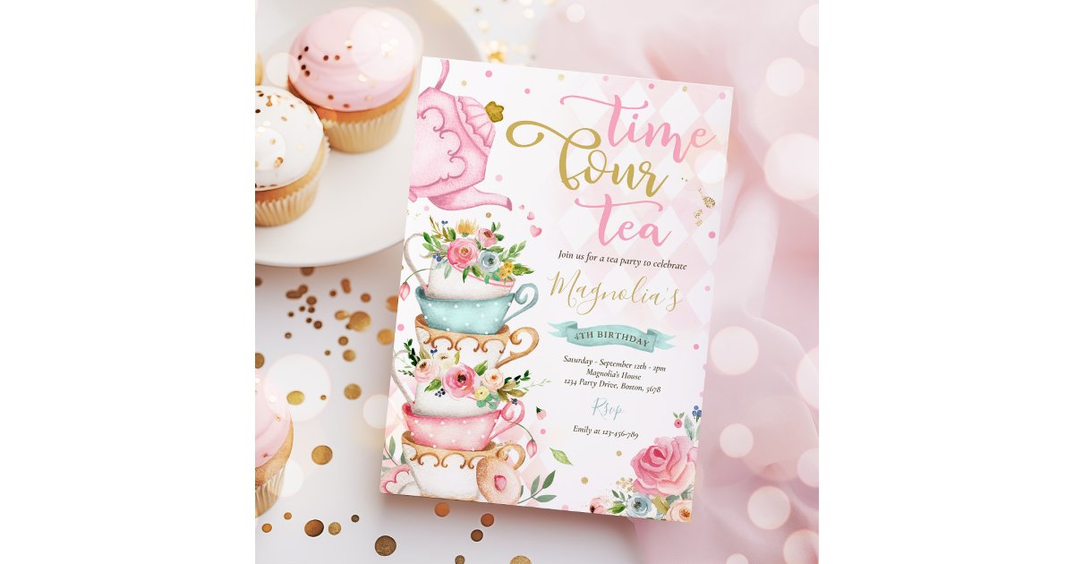 Time Four Tea Invitation Time Four Tea Pink Floral 4th Birthday Tea ParTEA Invitation | Zazzle