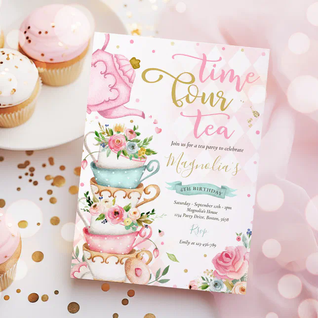 Time Four Tea Invitation Time Four Tea Pink Floral 4th Birthday Tea ParTEA Invitation | Zazzle