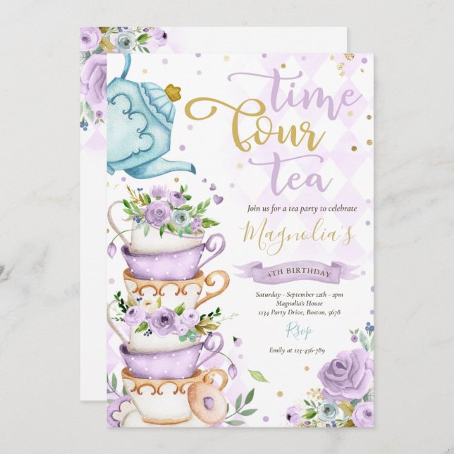 Time Four Tea Purple Floral 4th Birthday ParTEA Invitation (Front/Back)