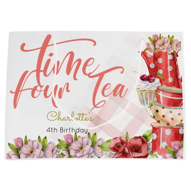 Time four tea, tea flowery birthday large gift bag (Front)