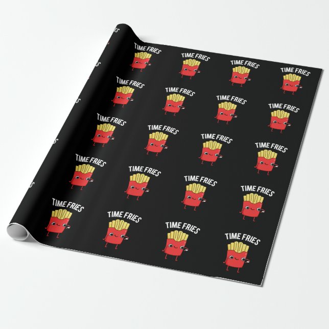 Time Fries Funny French Fries Pun Dark BG Wrapping Paper (Unrolled)
