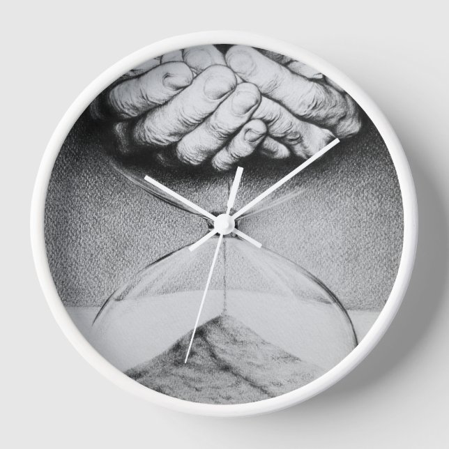 Time Hourglass Sand Hands Drawing Dark Surreal Art Wall Clock (Front)