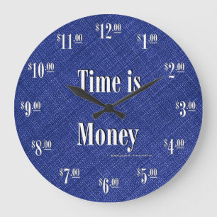 Time is Money Clock - White text on blue texture