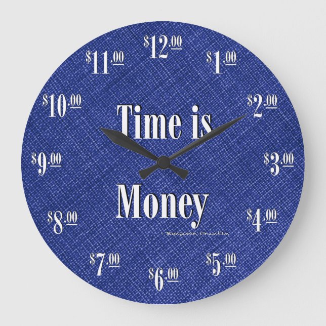 Time is Money Clock - White text on blue texture (Front)