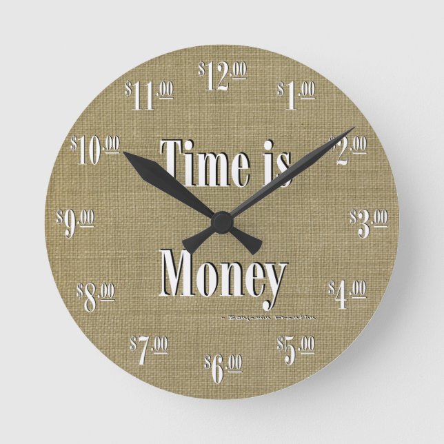 Time is Money Clock - White text on taupe texture (Front)
