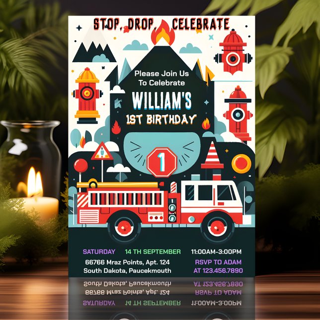 Time Red Hot Fire Truck Engine Safety 1st birthday Invitation (Creator Uploaded)