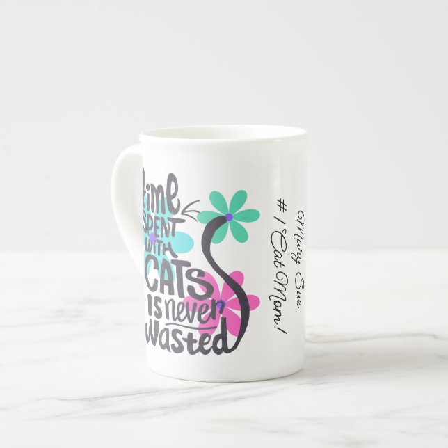 Time Spent with Cats, Groovy Bright Flowers Bone China Mug (Front Left)