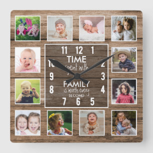 Time Spent With Family Quote 12 Photo Collage Wood Square Wall Clock