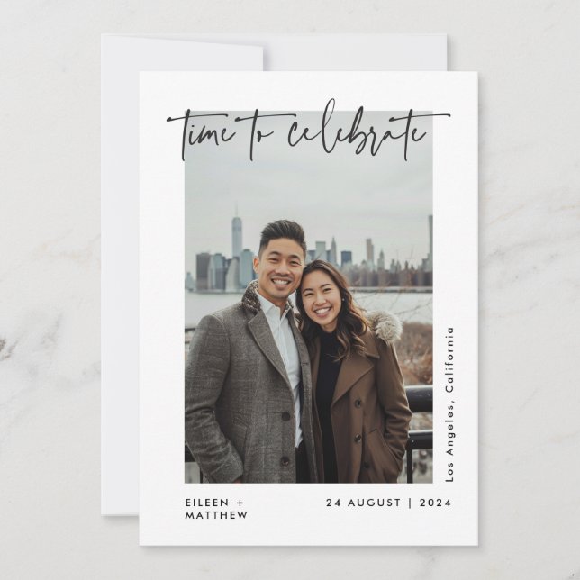 Time To Celebrate Modern Script Wedding Reception Announcement (Front)