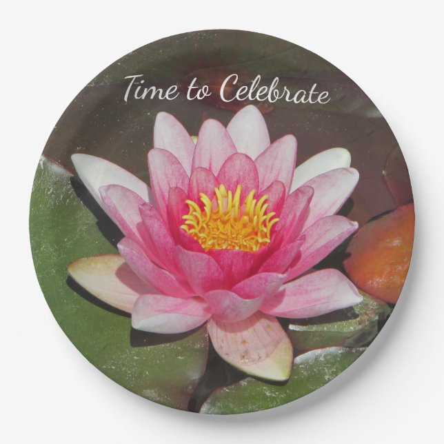 Time to Celebrate Pink Water Lily Photo Paper Plate (Front)