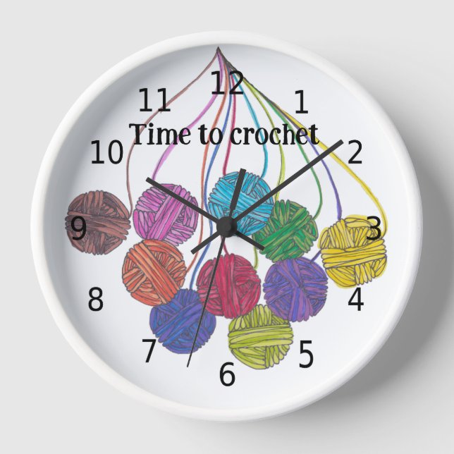 Time to crochet, many balls of yarn, your words clock (Front)