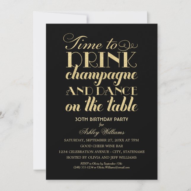 Time to Drink Champagne Black Gold Birthday Party Invitation (Front)