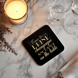 Time to Drink Champagne Gold and Black Wedding Square Paper Coaster