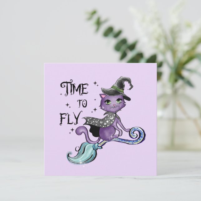 Time To Fly – Cute Purple Witch Cat Halloween (Standing Front)