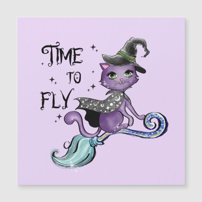 Time To Fly – Cute Purple Witch Cat Halloween (Front)