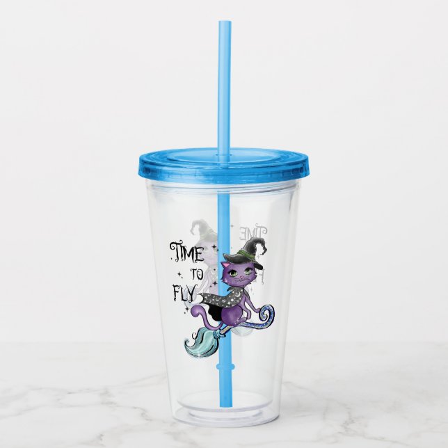 Time To Fly – Cute Purple Witch Cat Halloween Acrylic Tumbler (Front)
