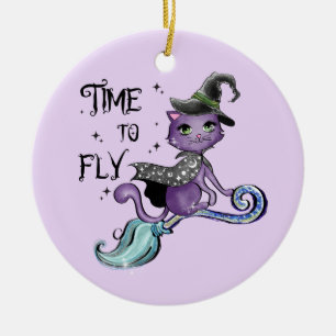 Time To Fly – Cute Purple Witch Cat Halloween Ceramic Ornament