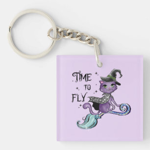 Time To Fly – Cute Purple Witch Cat Halloween Key Ring