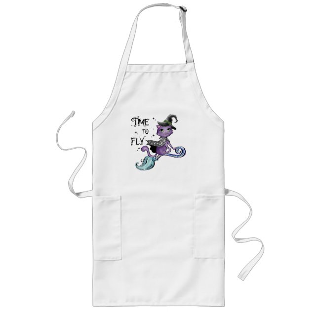 Time To Fly – Cute Purple Witch Cat Halloween Long Apron (Front)
