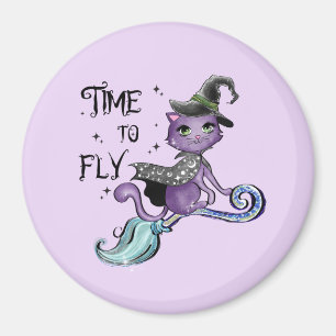 Time To Fly – Cute Purple Witch Cat Halloween Magnet