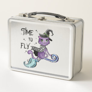 Time To Fly – Cute Purple Witch Cat Halloween Metal Lunch Box
