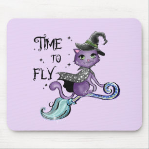Time To Fly – Cute Purple Witch Cat Halloween Mouse Pad