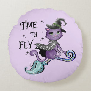 Time To Fly – Cute Purple Witch Cat Halloween Round Cushion