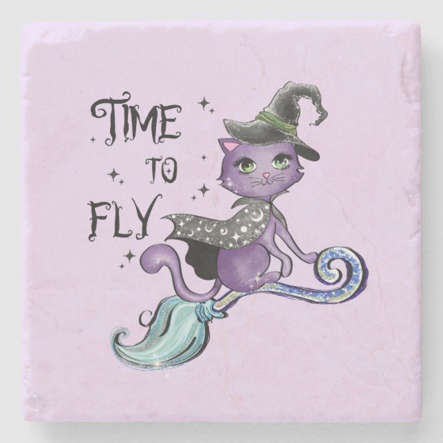 Time To Fly – Cute Purple Witch Cat Halloween Stone Coaster (Front)