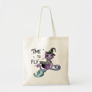 Time To Fly – Cute Purple Witch Cat Halloween Tote Bag