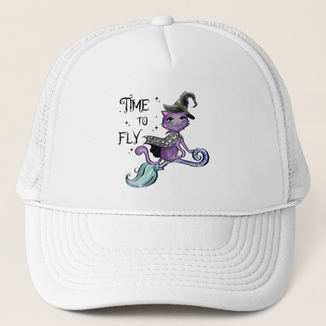 Time To Fly – Cute Purple Witch Cat Halloween Trucker Hat (Front)